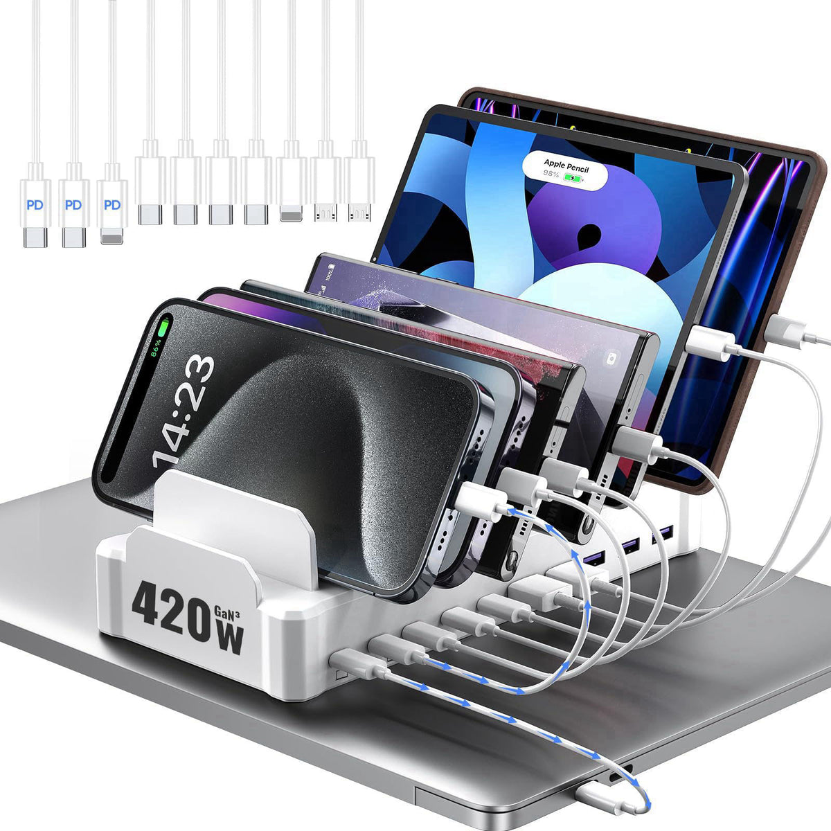 zobirez 420W 10-Port Fast USB Charging Station for Multiple Devices, White – product photo (Charging Stations)