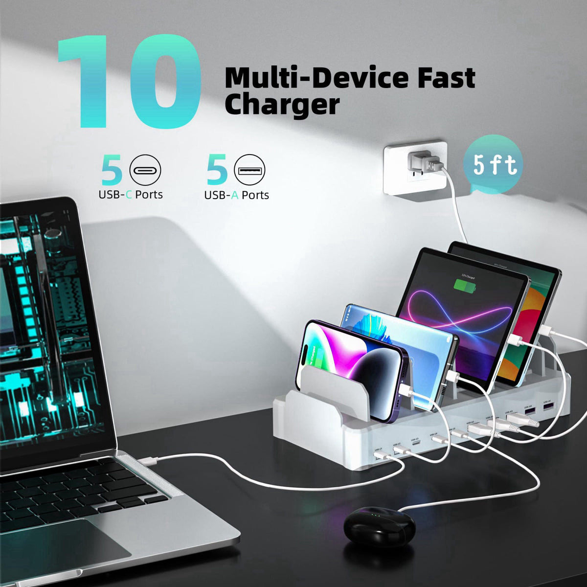 zobirez 420W 10-Port Fast USB Charging Station for Multiple Devices, White – back view and specifications