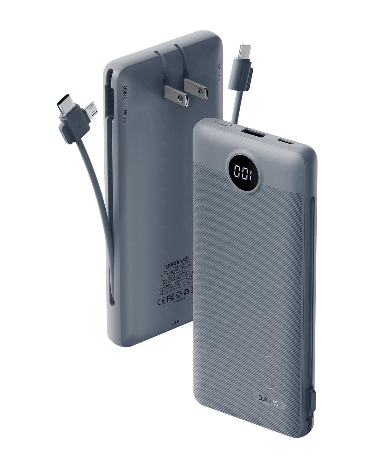 VRURC Portable Charger Built-in Cables and AC Wall Plug, USB C Power Bank 10000mAh, Travel Battery Portable Phone Charge