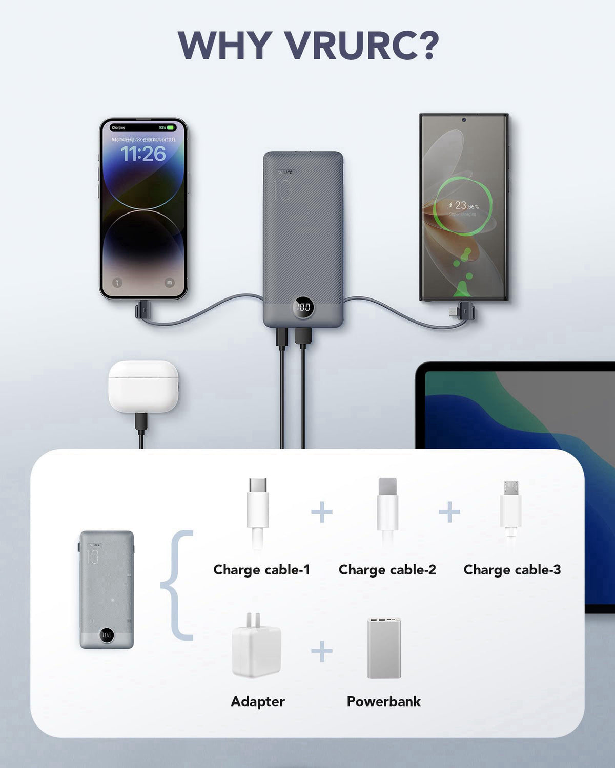 VRURC Portable Charger Built-in Cables and AC Wall Plug, USB C Power Bank 10000mAh, Travel Battery Portable Phone Charge