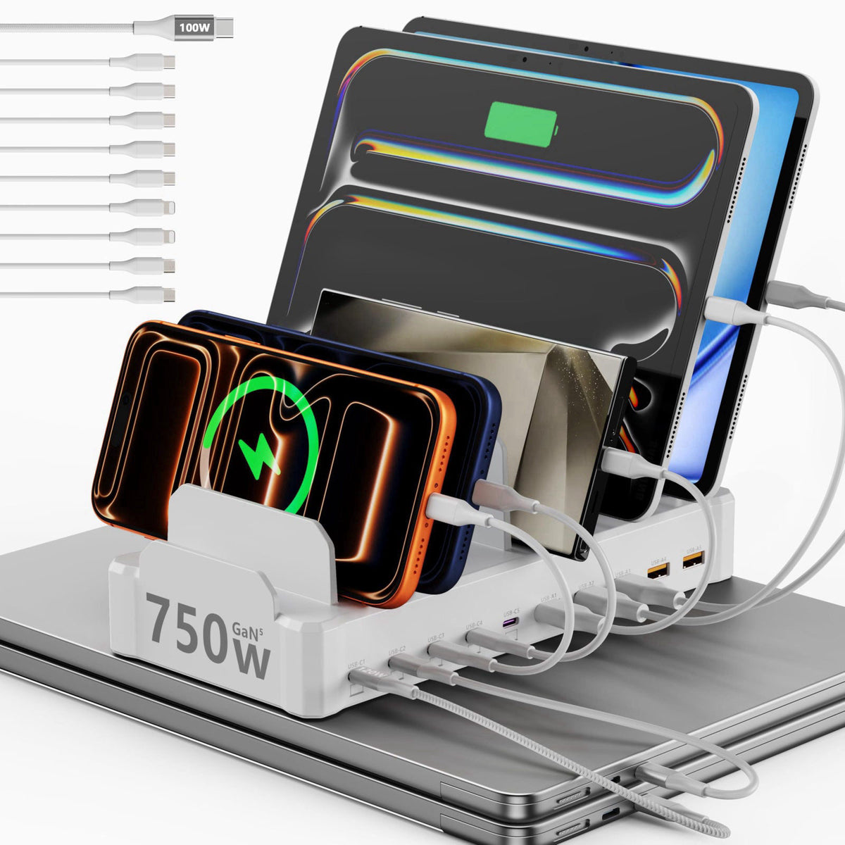750W Charging Station for Multiple Devices, Zobirez 10-Port Fast Charger, 5 USB-C 120W Each and 5 USB-A 30W Each, Deskto