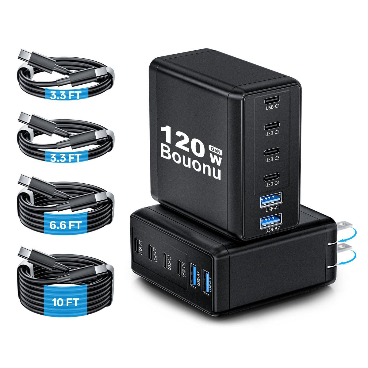 Bouonu 2 Pack USB C Charger Block with 4 USB Cables 120W GaN Type C Fast – product photo (Wall Chargers)