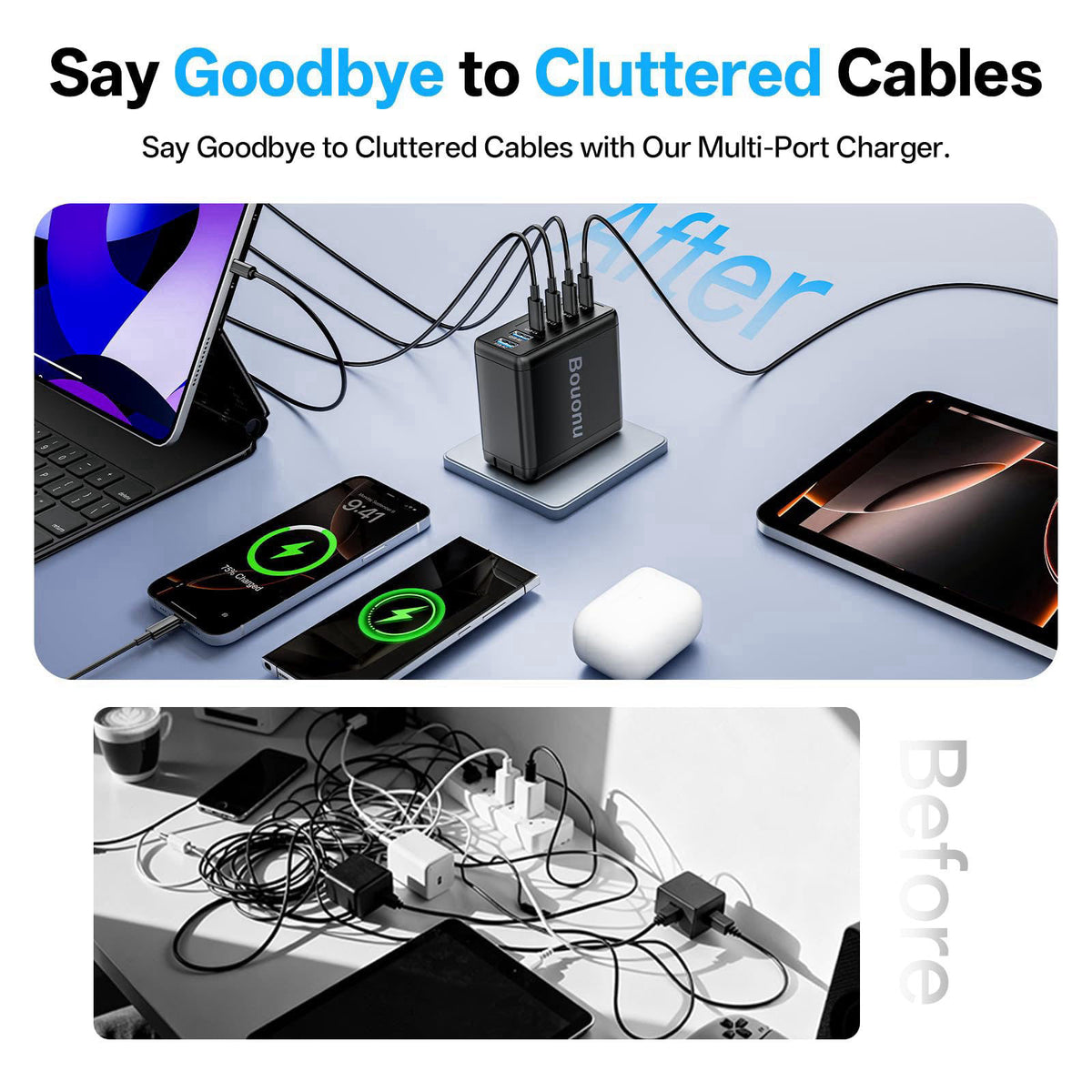 Bouonu 2 Pack USB C Charger Block with 4 USB Cables 120W GaN Type C Fast – alternate angle
