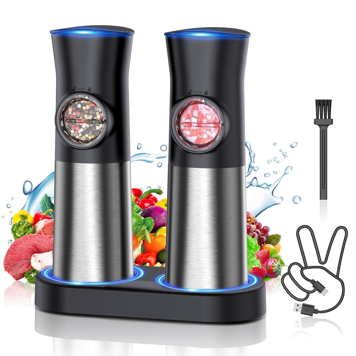 FAOGO Gravity Electric Salt and Pepper Grinder Set, USB Rechargeable Automatic Salt and Pepper Grinders with Charging Ba