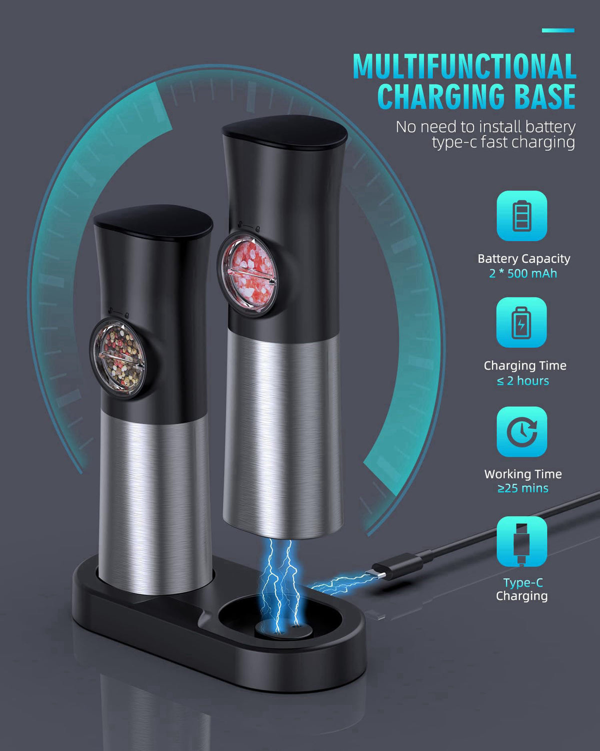 FAOGO Gravity Electric Salt and Pepper Grinder Set, USB Rechargeable Automatic Salt and Pepper Grinders with Charging Ba