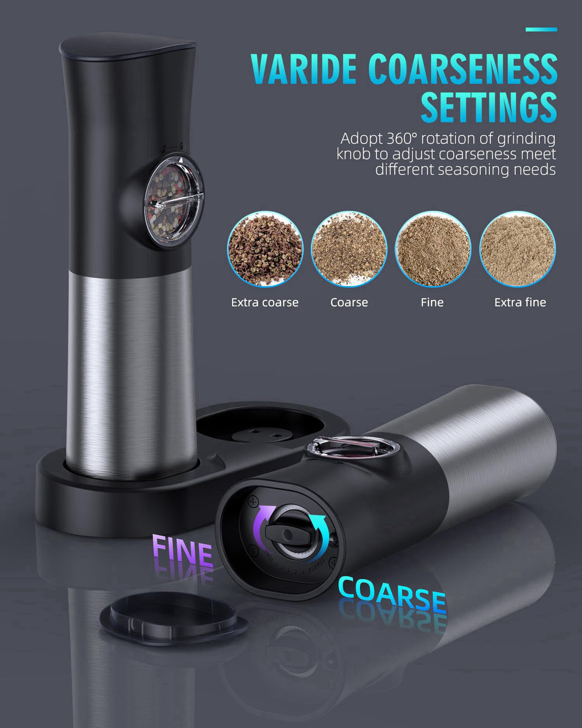 FAOGO Gravity Electric Salt and Pepper Grinder Set, USB Rechargeable Automatic Salt and Pepper Grinders with Charging Ba