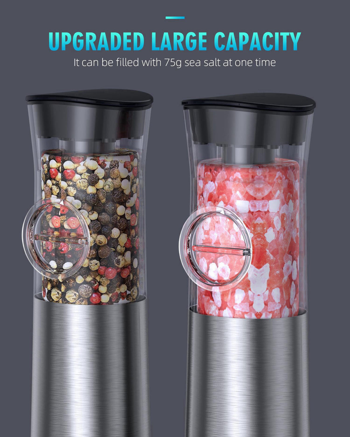 FAOGO Gravity Electric Salt and Pepper Grinder Set, USB Rechargeable Automatic Salt and Pepper Grinders with Charging Ba