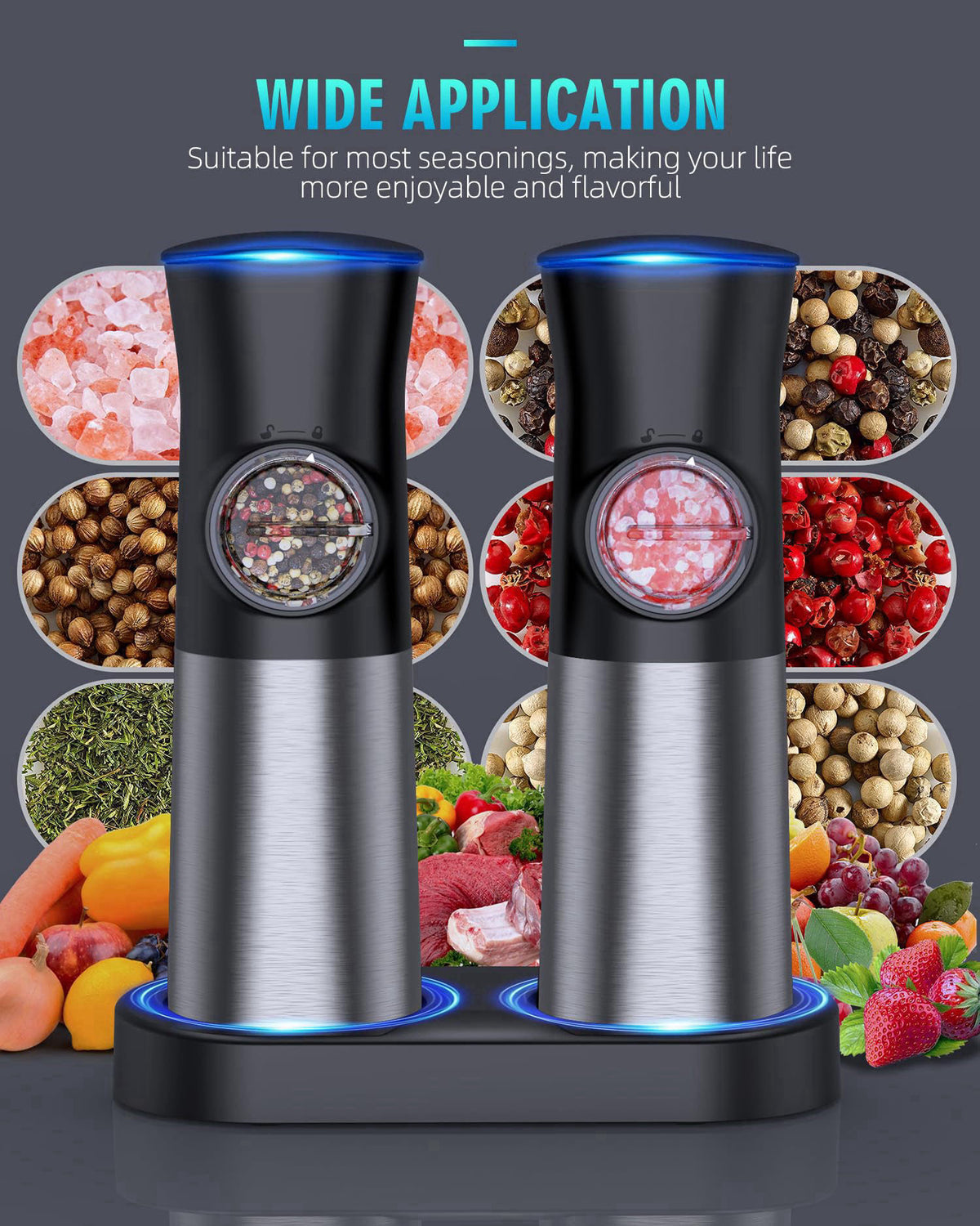 FAOGO Gravity Electric Salt and Pepper Grinder Set, USB Rechargeable Automatic Salt and Pepper Grinders with Charging Ba
