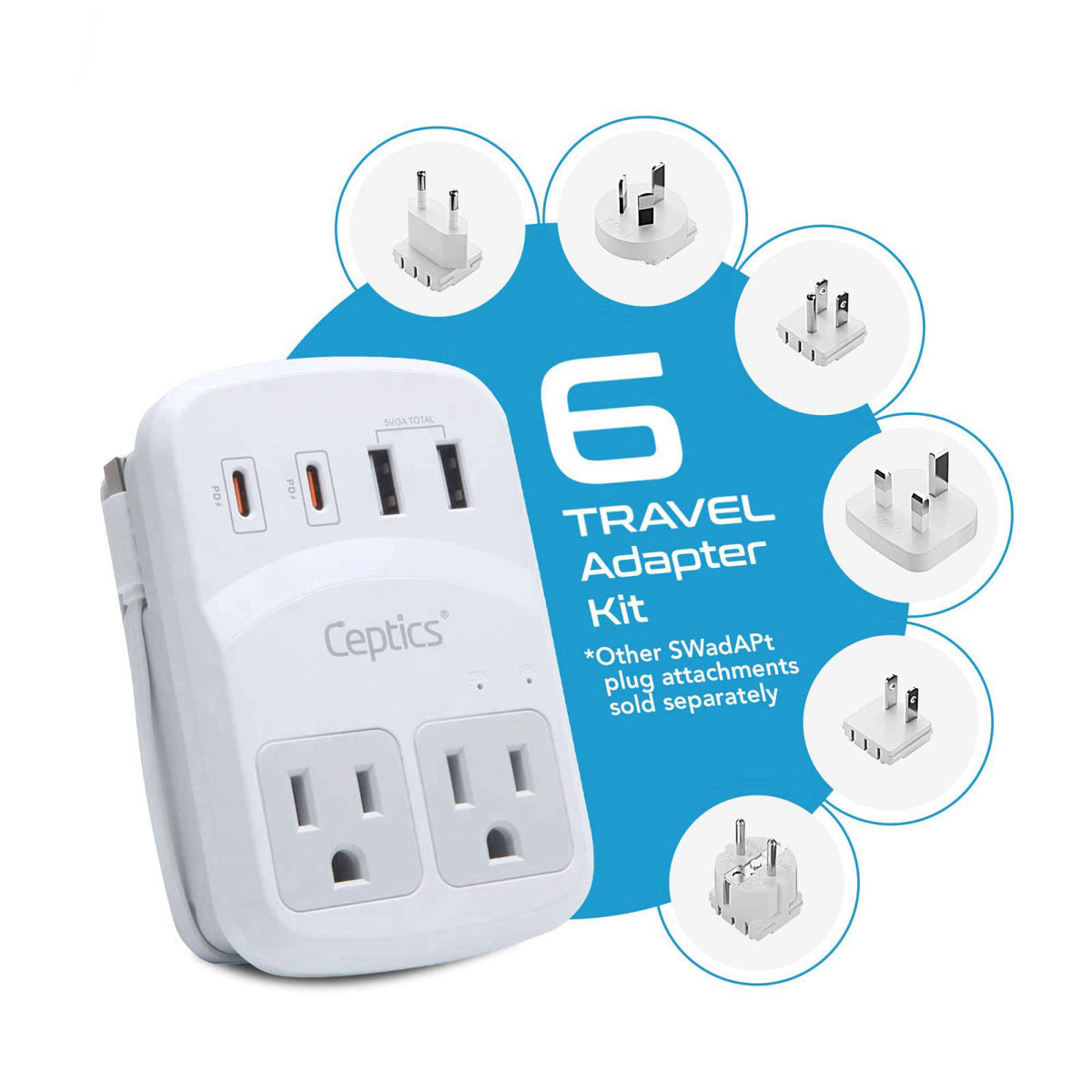 Ceptics World Travel Adapter Kit 2 USB-A, USB-C US Outlets, 20W/QC 18W Power Delivery, Surge Protection, SWADAPT Compati