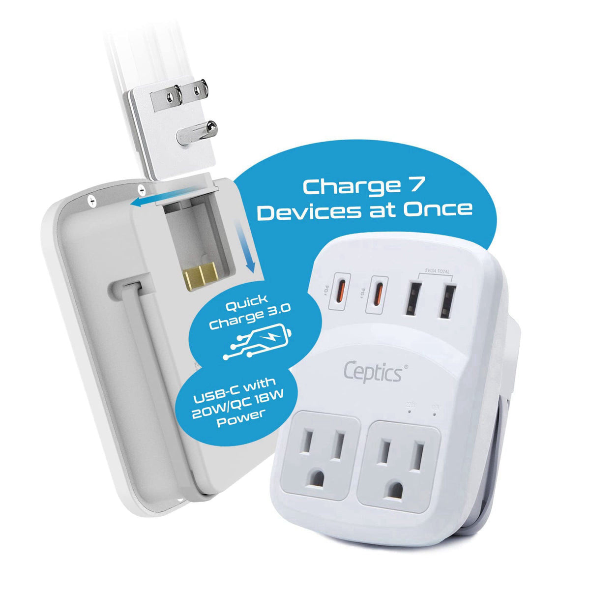 Ceptics World Travel Adapter Kit 2 USB-A, USB-C US Outlets, 20W/QC 18W Power Delivery, Surge Protection, SWADAPT Compati