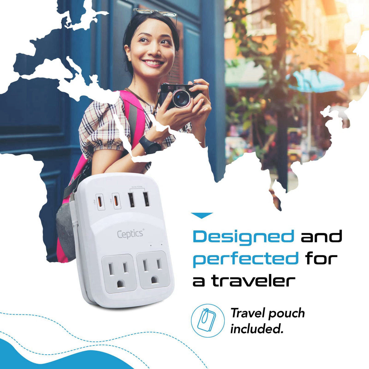 Ceptics World Travel Adapter Kit 2 USB-A, USB-C US Outlets, 20W/QC 18W Power Delivery, Surge Protection, SWADAPT Compati
