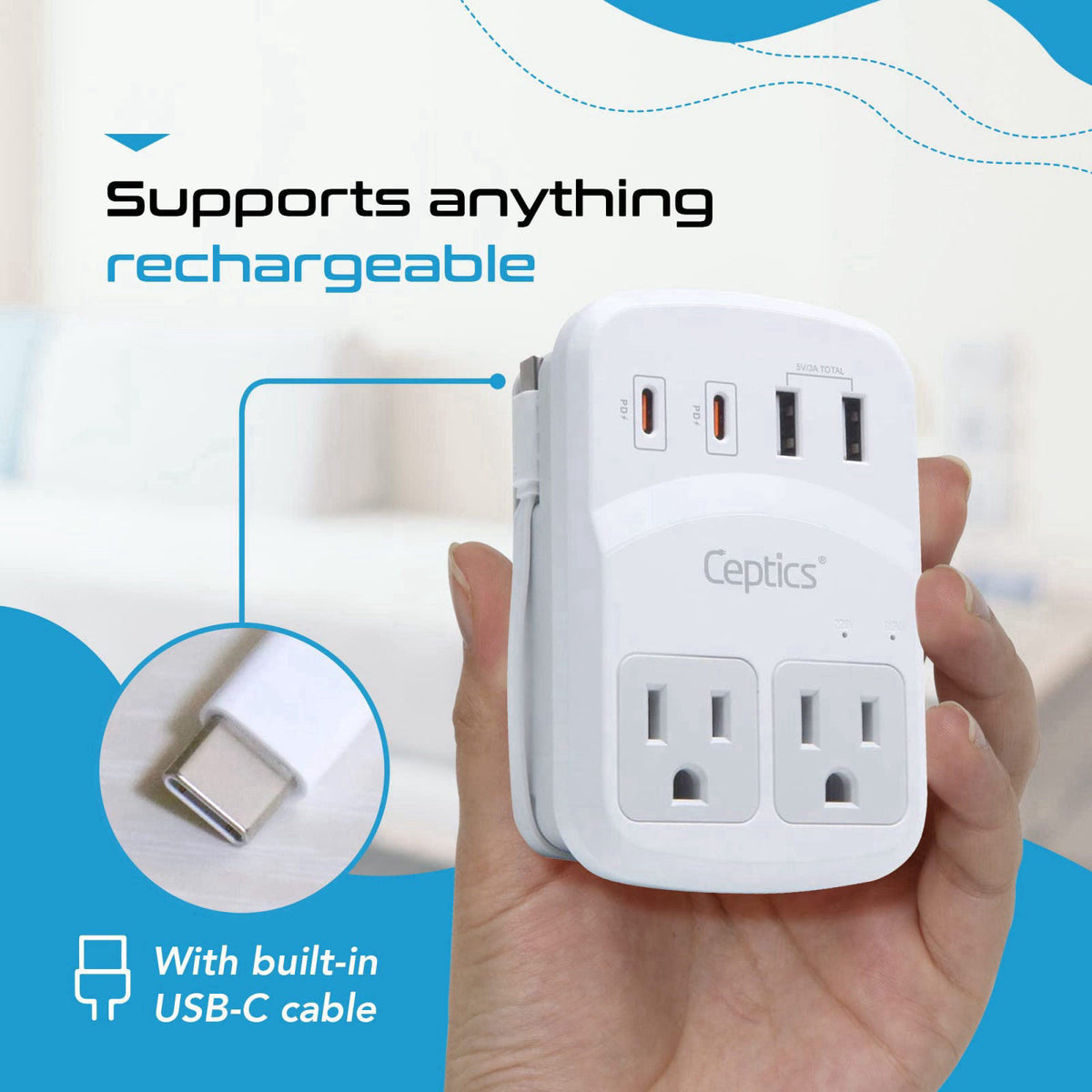 Ceptics World Travel Adapter Kit 2 USB-A, USB-C US Outlets, 20W/QC 18W Power Delivery, Surge Protection, SWADAPT Compati