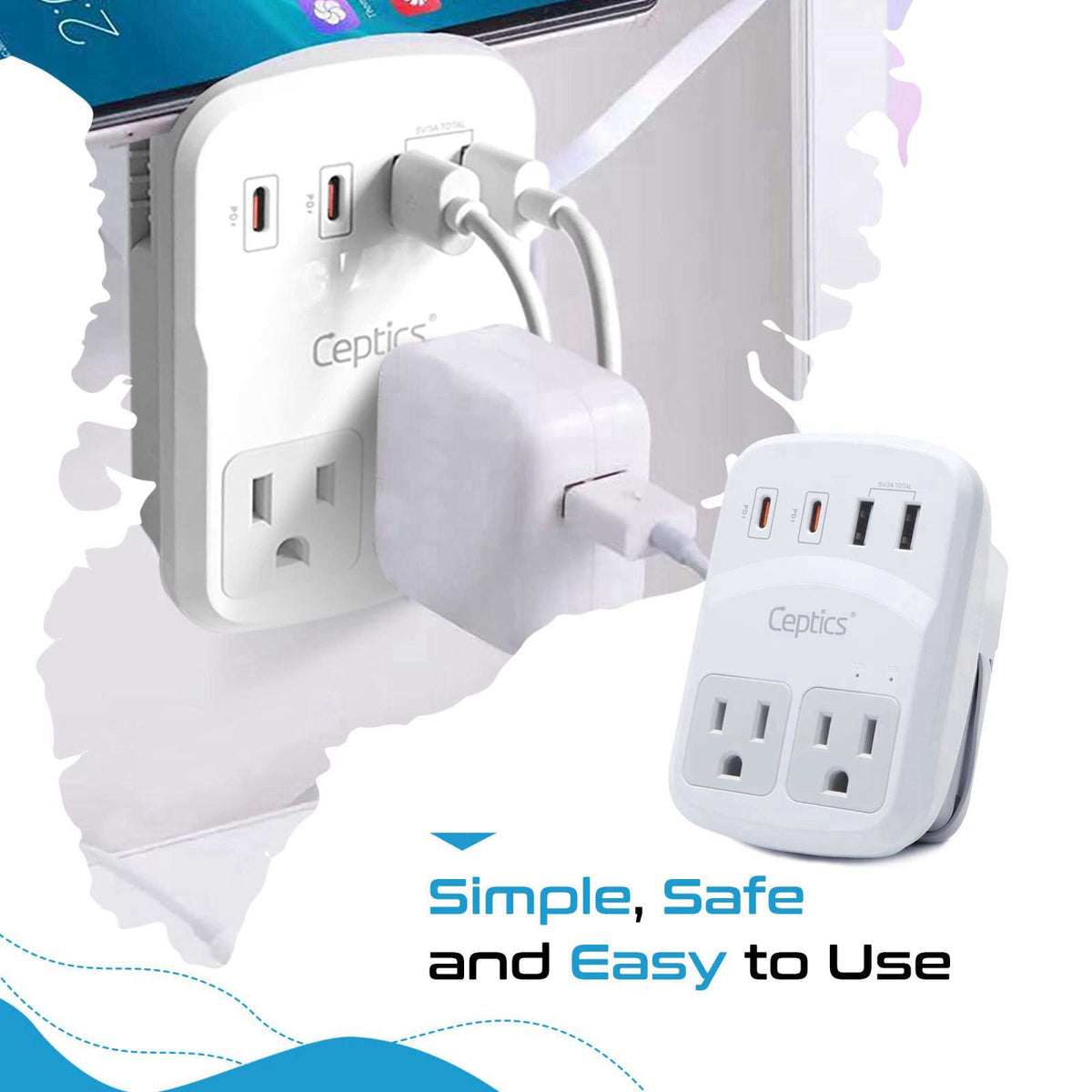 Ceptics World Travel Adapter Kit 2 USB-A, USB-C US Outlets, 20W/QC 18W Power Delivery, Surge Protection, SWADAPT Compati