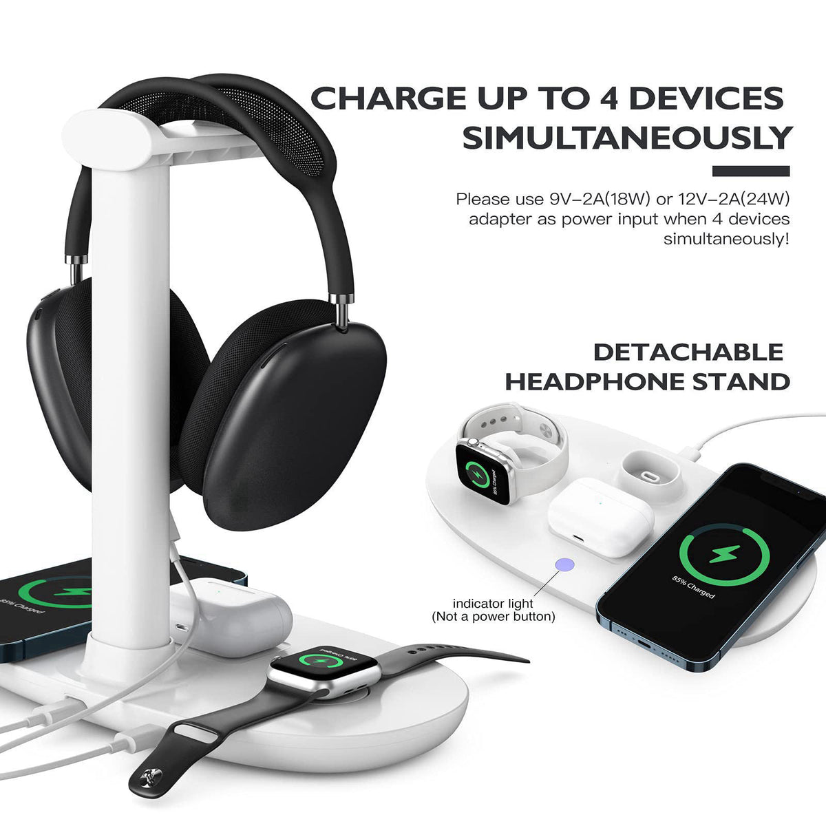 Headphone Stand with 15w Wireless Charger, Suguder 4 in 1 Charging Station Headset Holder for AirPods Max/Pro/4/3/2 iWat