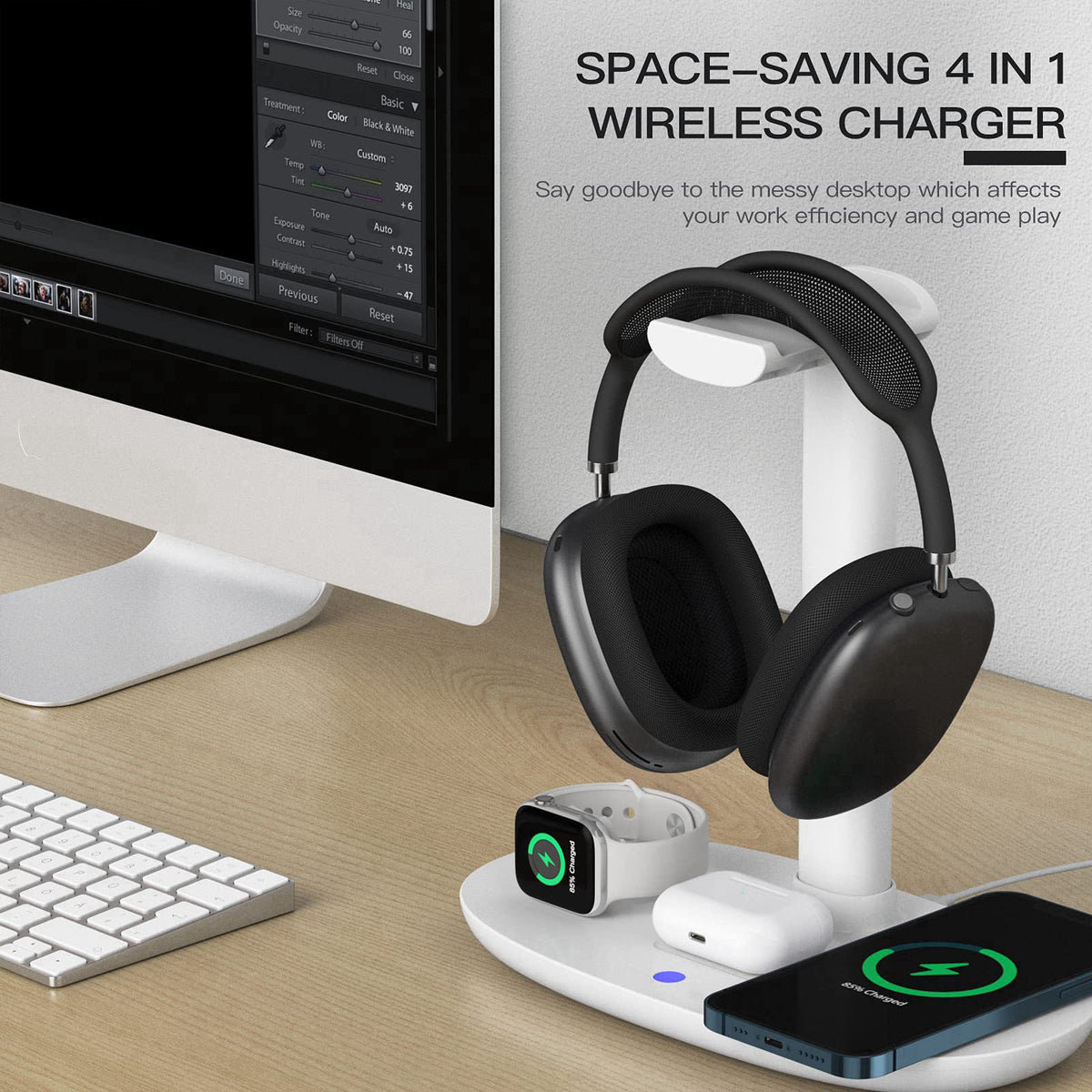 Headphone Stand with 15w Wireless Charger, Suguder 4 in 1 Charging Station Headset Holder for AirPods Max/Pro/4/3/2 iWat