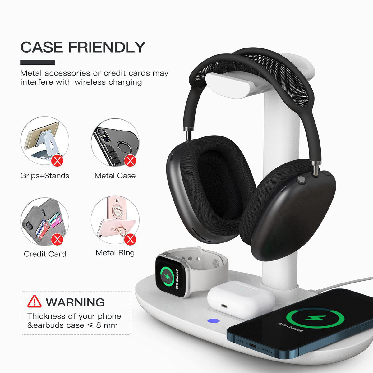 Headphone Stand with 15w Wireless Charger, Suguder 4 in 1 Charging Station Headset Holder for AirPods Max/Pro/4/3/2 iWat