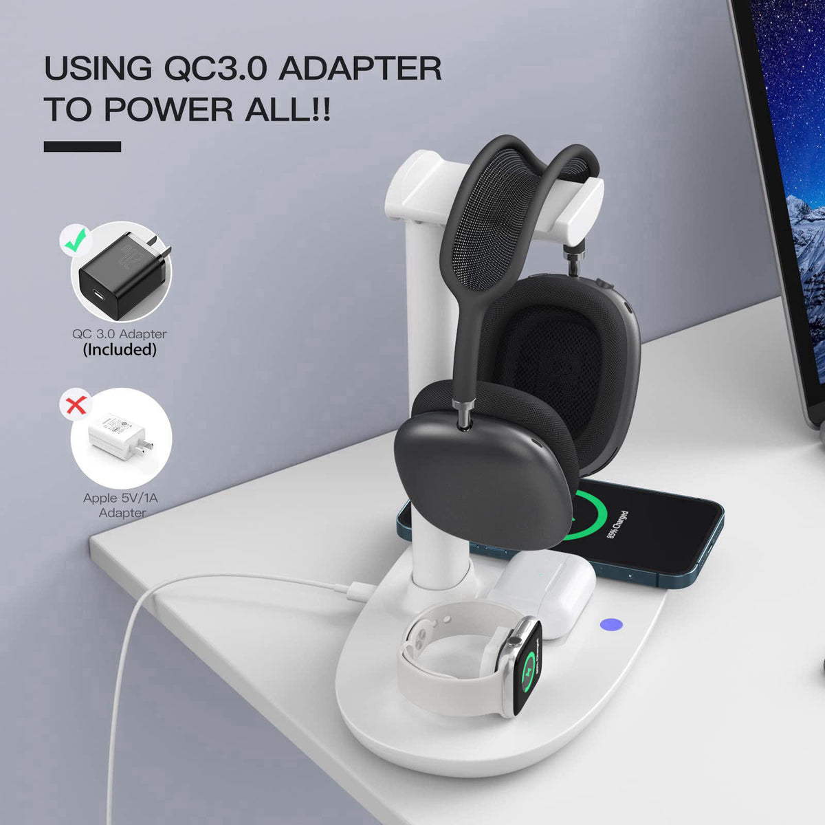Headphone Stand with 15w Wireless Charger, Suguder 4 in 1 Charging Station Headset Holder for AirPods Max/Pro/4/3/2 iWat