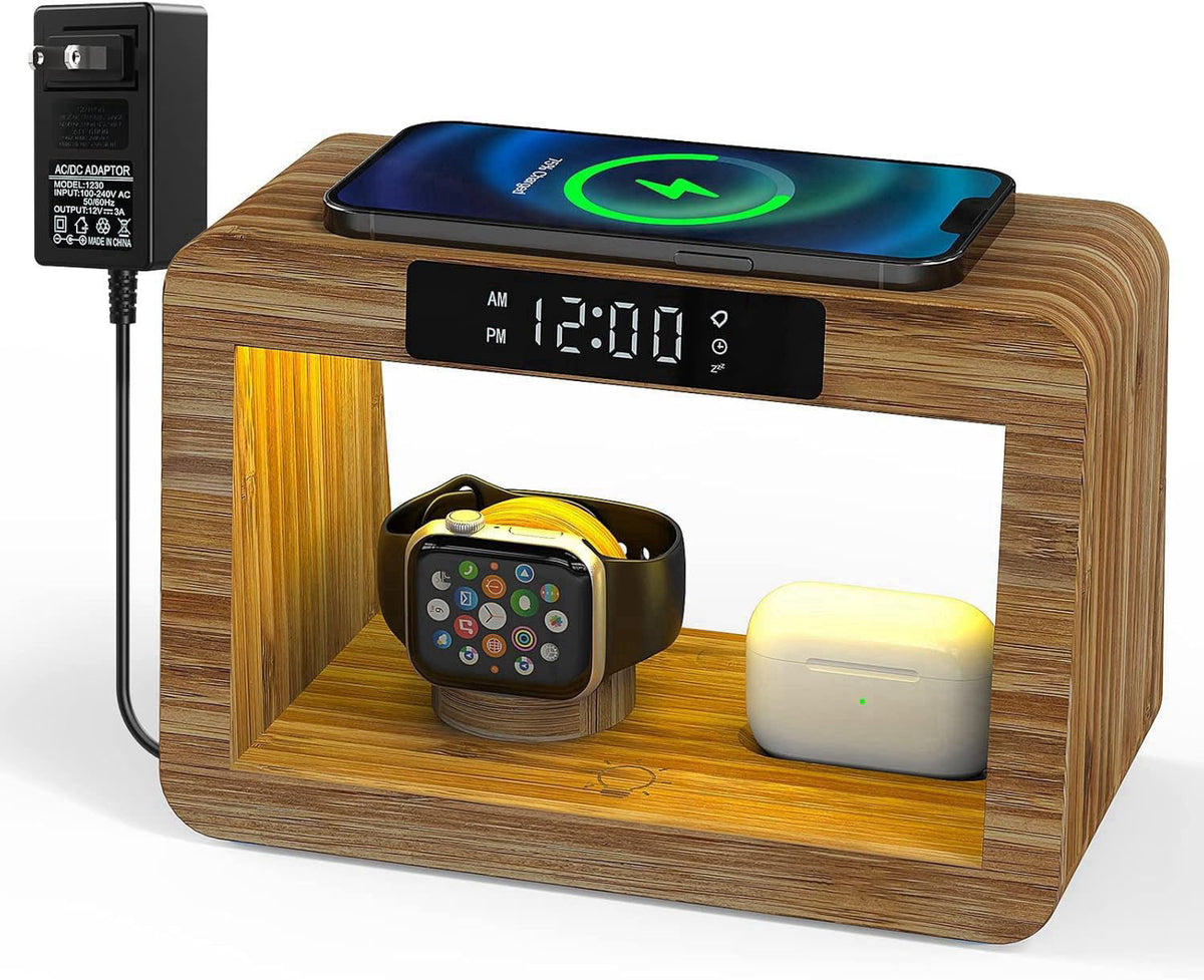 Alltripal Bamboo Charging Station for Multiple Devices, 15W Fast Wireless Charger Night Light with 3 Color& 4 Adjustable