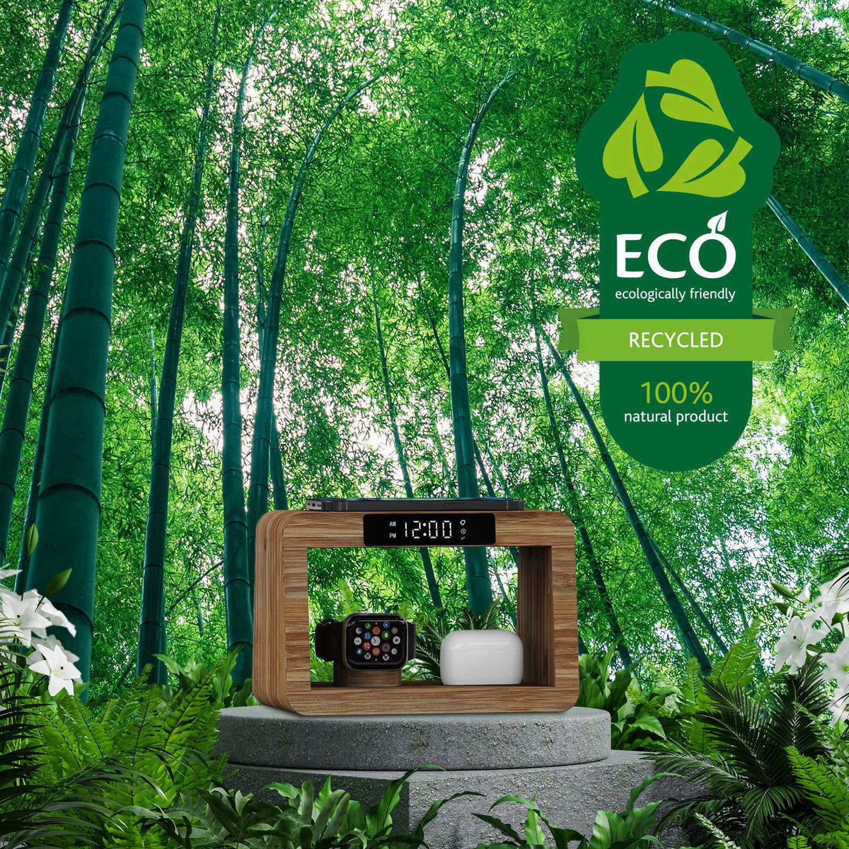 Alltripal Bamboo Charging Station for Multiple Devices, 15W Fast Wireless Charger Night Light with 3 Color& 4 Adjustable