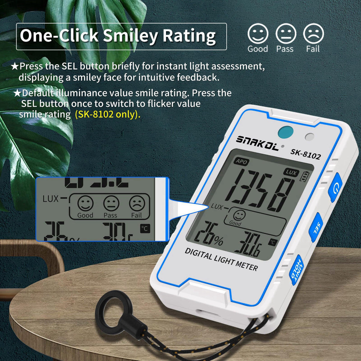 SNAKOL Digital Lux Meter, Pocket Illuminance Tester with Temp, Humidity & Strobe Test, LCD Display, Data Hold, Auto Shut