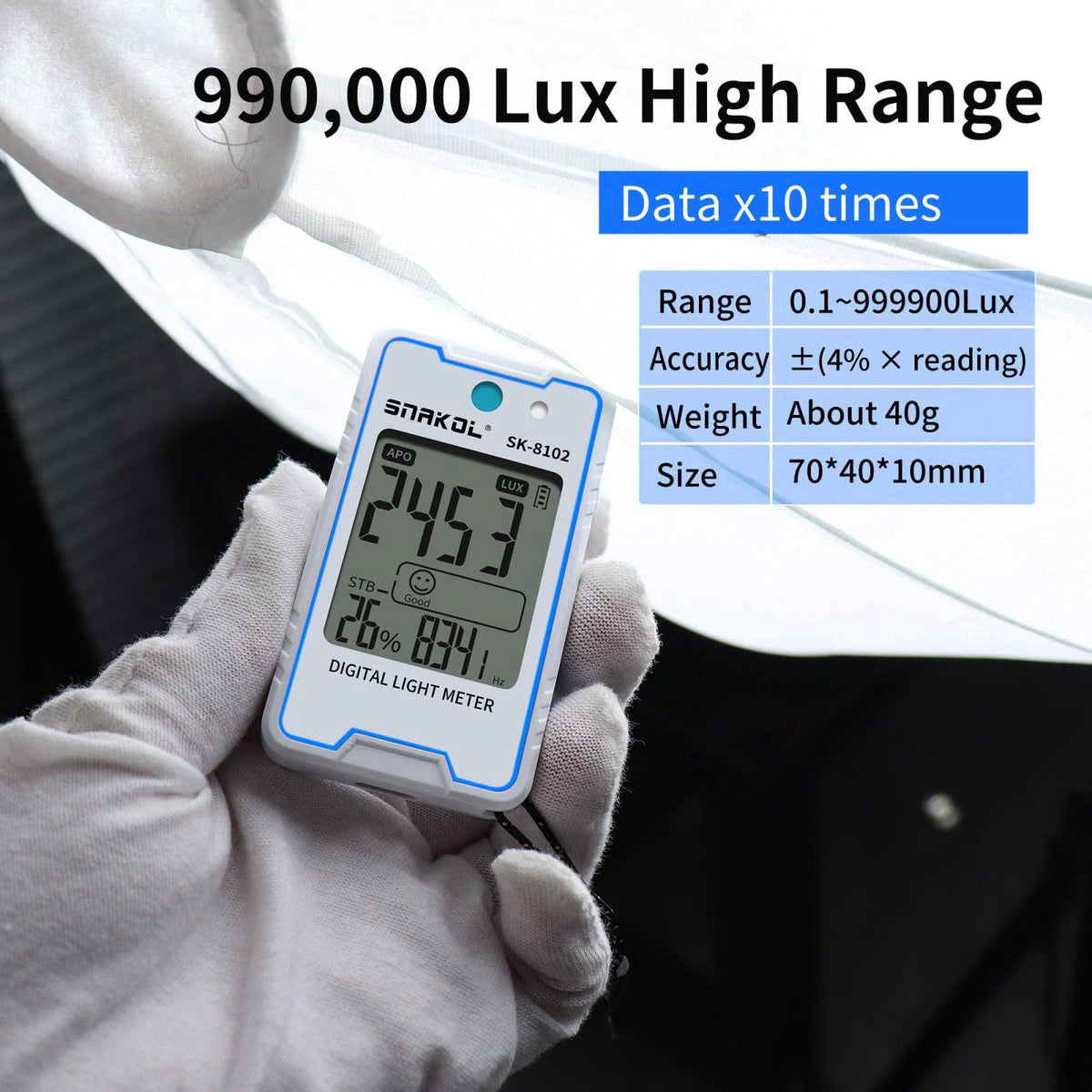SNAKOL Digital Lux Meter, Pocket Illuminance Tester with Temp, Humidity & Strobe Test, LCD Display, Data Hold, Auto Shut