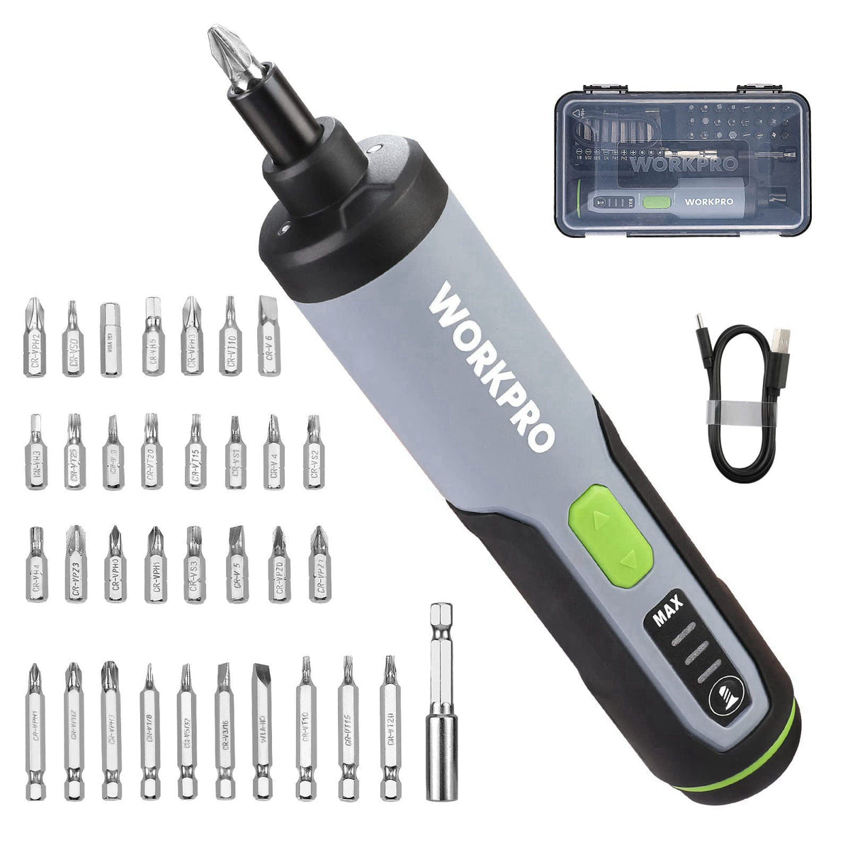 WORKPRO 4V Electric Screwdriver, Rechargeable Cordless Screwdriver Set with 35 Bits, Extension Rod, USB Charging Cable i