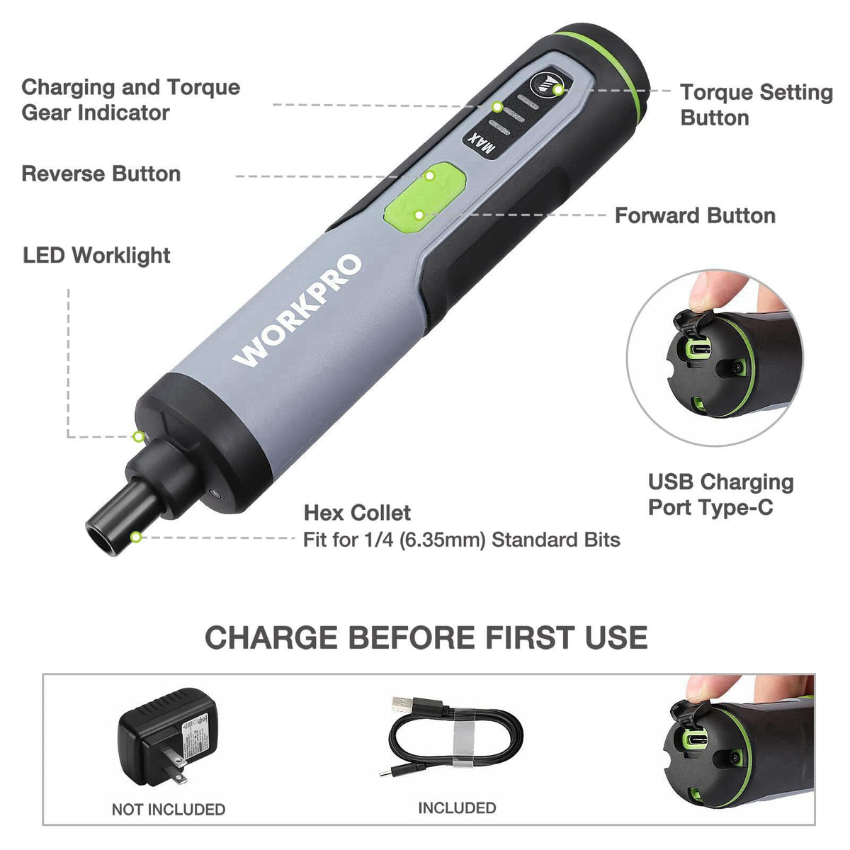 WORKPRO 4V Electric Screwdriver, Rechargeable Cordless Screwdriver Set with 35 Bits, Extension Rod, USB Charging Cable i