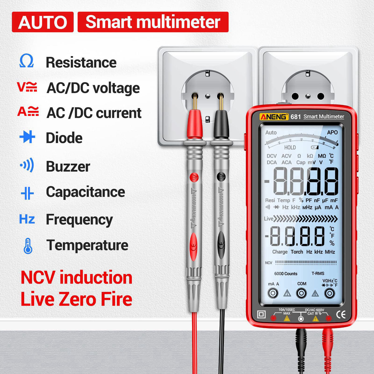ANENG Digital Multimeter, TRMS 6000 Count, Smart, NCV Rechargeable Tester – close-up detail in red