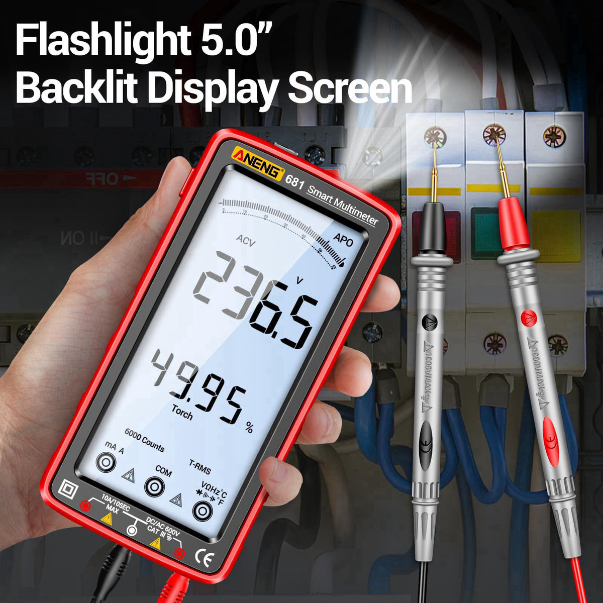 ANENG Digital Multimeter, TRMS 6000 Count, Smart, NCV Rechargeable Tester – back view and specifications