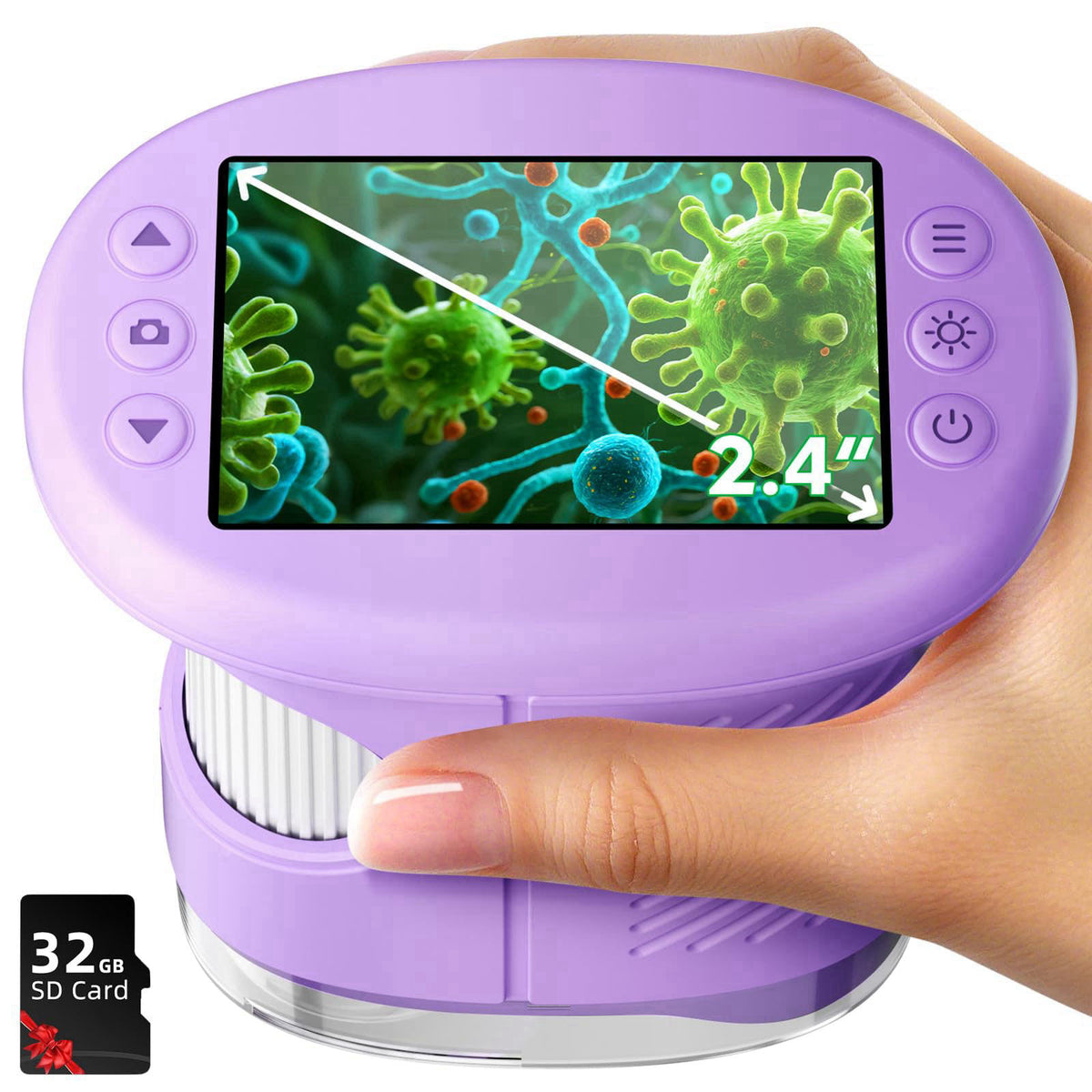 Odatay 2.4" 4K 1000X Digital Kids Microscope with 32G Card 12 Slides Purple – product photo (Microscopes)