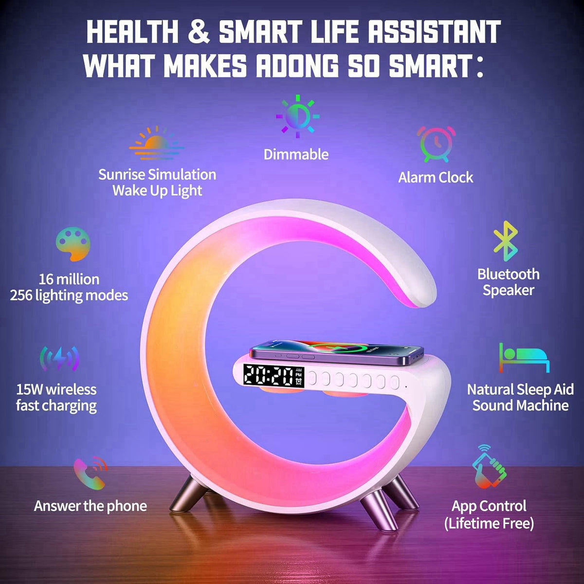 VDZZ Smart LED Table Lamp,4-in-1 Wireless Charger with Speaker,Night Light, Alarm Clock, and Bluetooth Speaker with App 