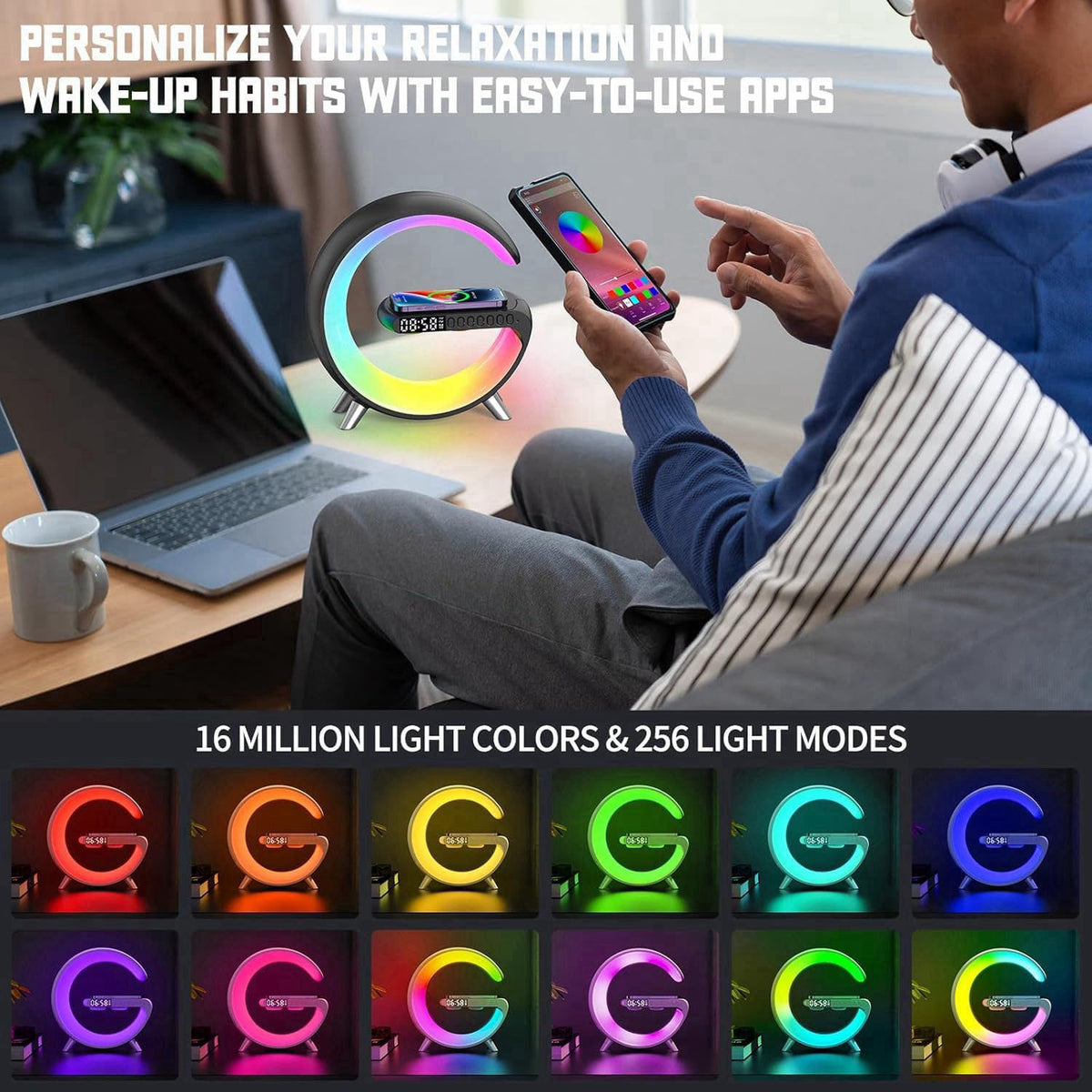 VDZZ Smart LED Table Lamp,4-in-1 Wireless Charger with Speaker,Night Light, Alarm Clock, and Bluetooth Speaker with App 