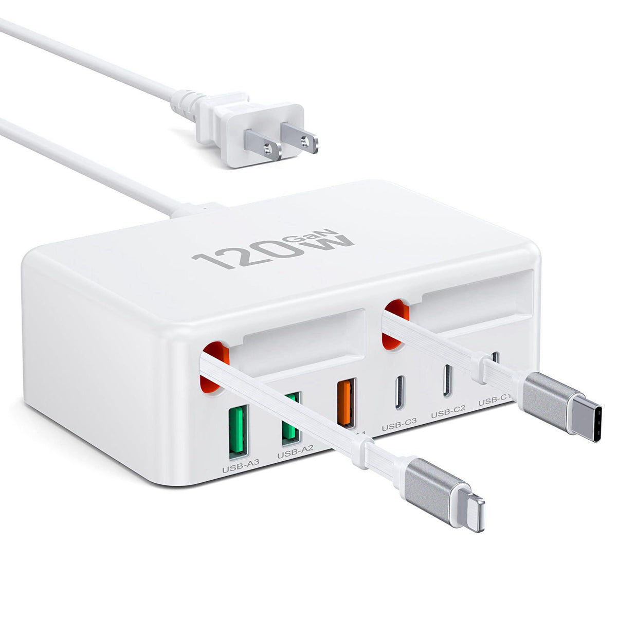BOVICAS 2026 Latest USB C Charger Block, 8 in 1 GaN Retractable Charger Station Hub with Lightening & Type C Cable, 120W