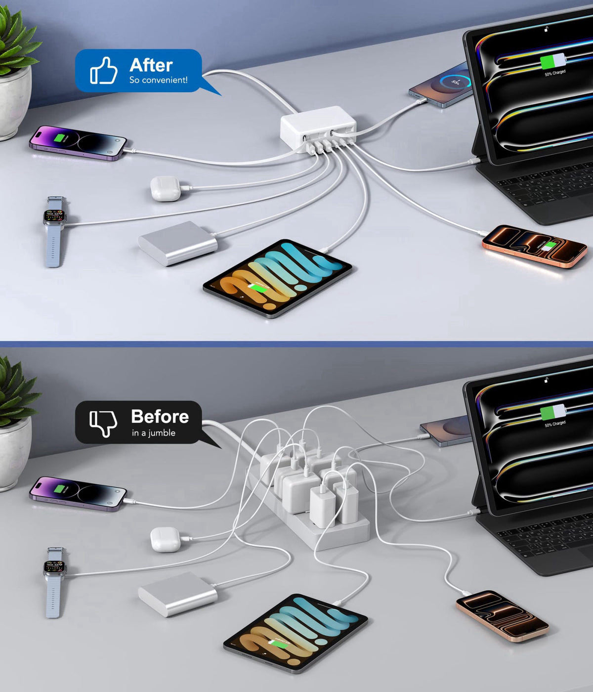 BOVICAS 2026 Latest USB C Charger Block, 8 in 1 GaN Retractable Charger Station Hub with Lightening & Type C Cable, 120W