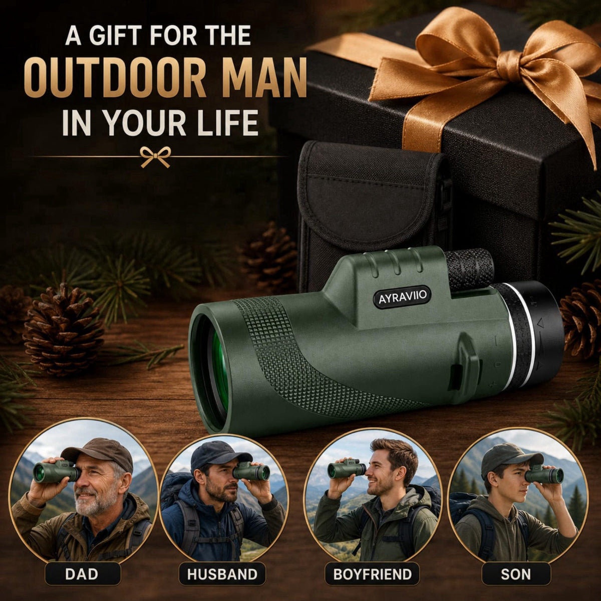 AYRAVIIO Birthday Gifts for Men Dad Husband Teen, 10x42 Monocular for Outdoor/Hiking – packaging and label