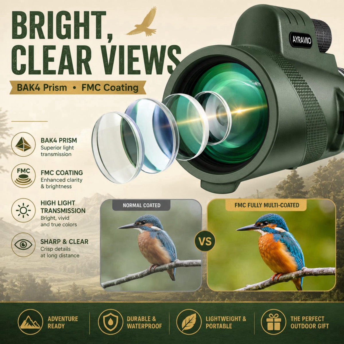 AYRAVIIO Birthday Gifts for Men Dad Husband Teen, 10x42 Monocular for Outdoor/Hiking – full view