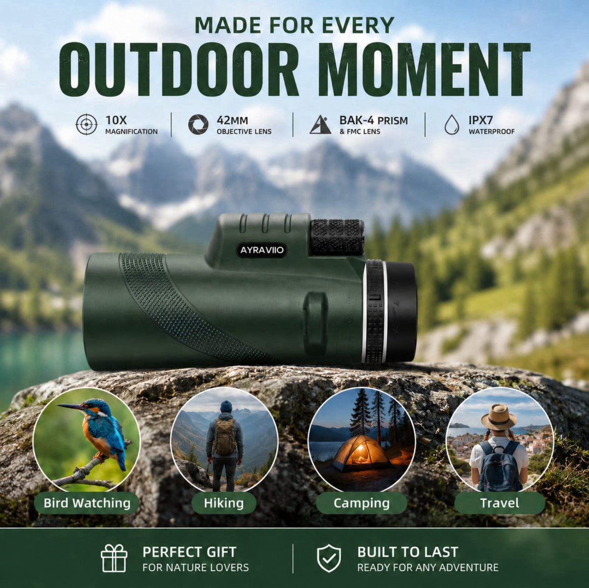 AYRAVIIO Birthday Gifts for Men Dad Husband Teen, 10x42 Monocular for Outdoor/Hiking – back view and specifications
