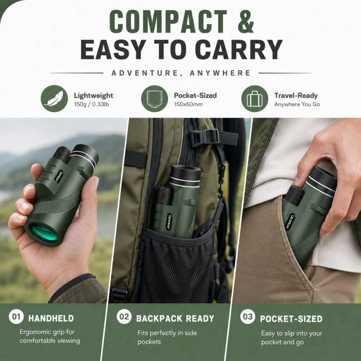 AYRAVIIO Birthday Gifts for Men Dad Husband Teen, 10x42 Monocular for Outdoor/Hiking – alternate angle