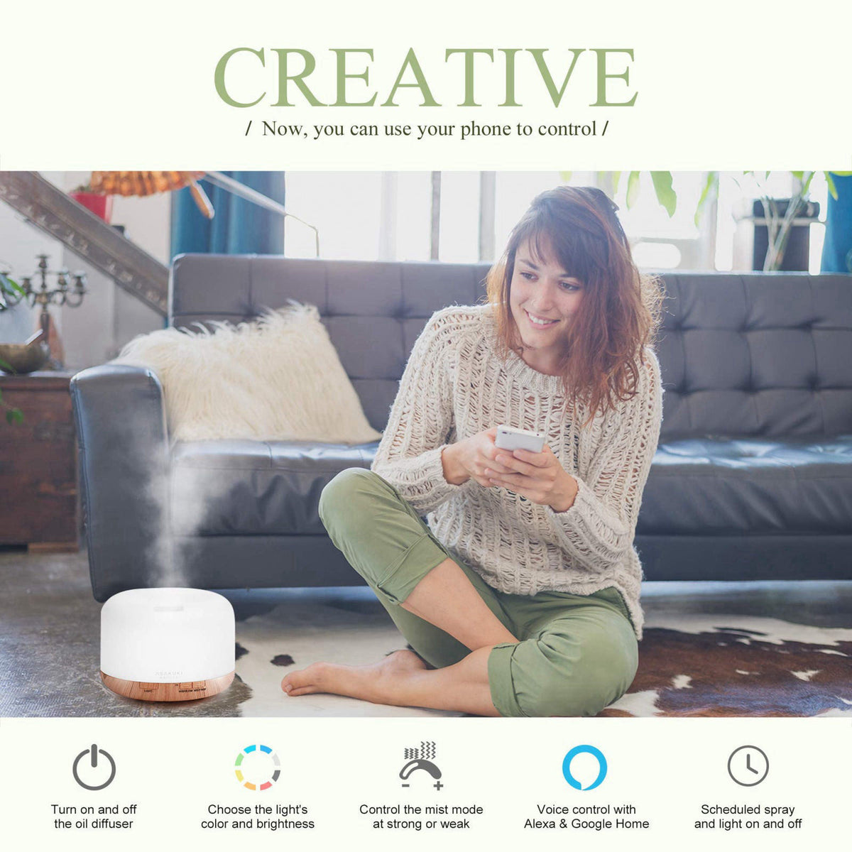 ASAKUKI Smart Wi-Fi Essential Oil Diffuser, 500ml App Control Humidifier – close-up detail