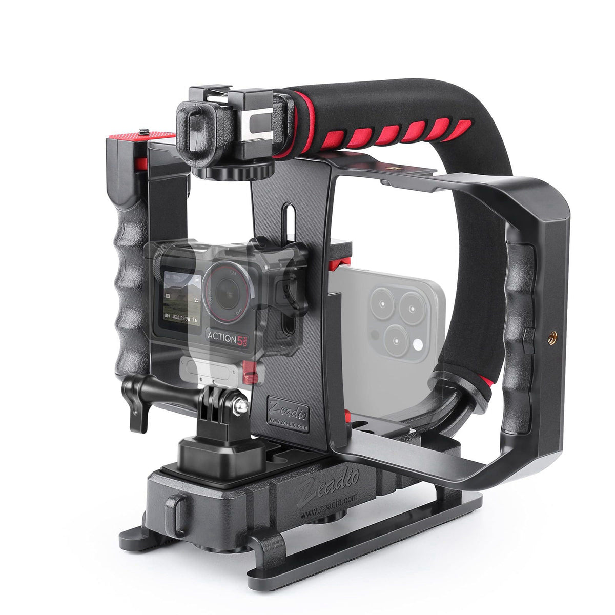 Zeadio Camera Smartphone Handheld Stabilizer, Triple Cold-Shoe Handle Grip Compatible with All Camera Action Camera DSLR