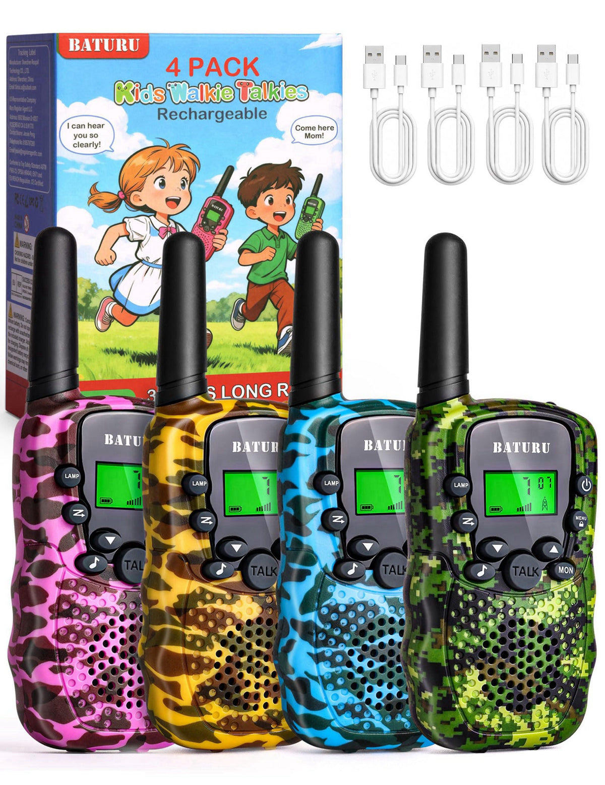 BATURU Walkie Talkies for Kids 4 Pack Rechargeable Outdoor Toys Gifts Boys Girls – product photo (Walkie Talkies)