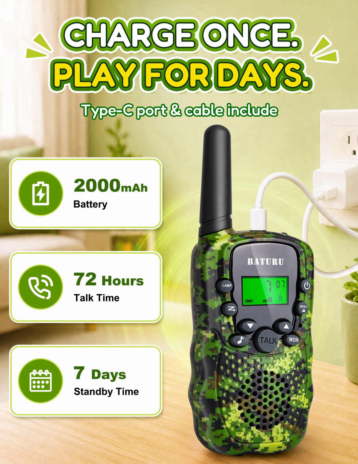 BATURU Walkie Talkies for Kids 4 Pack Rechargeable Outdoor Toys Gifts Boys Girls – packaging and label