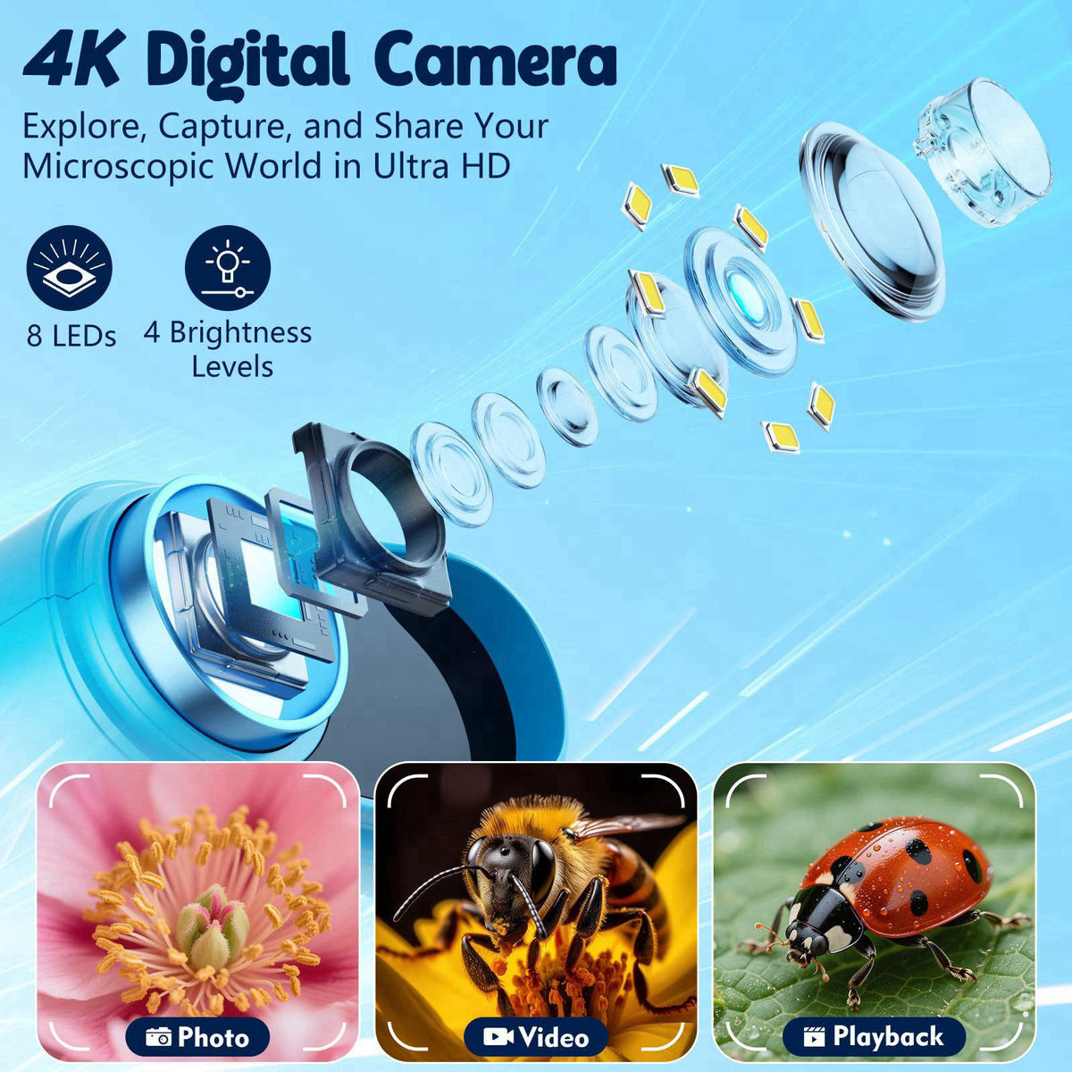 Odatay 4K 1000X Digital Microscope for Kids with 32G Card, Long Distance Viewing & 2.4" Screen Portable Handheld Edu