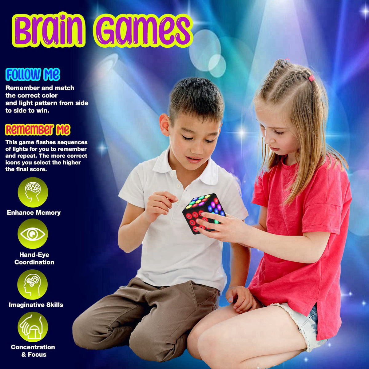 PlayRoute Electronic Brain & Memory Game Cube - Fun Toy Gift Ideas for Ages 6-12+ Year Old Boy & Girl - Cool Toys for Bo