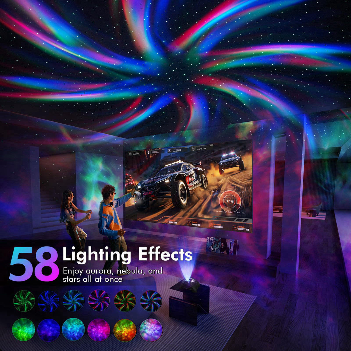 Rossetta Dual Lens Galaxy Star Projector, Aurora Night Light for Bedroom – packaging and label