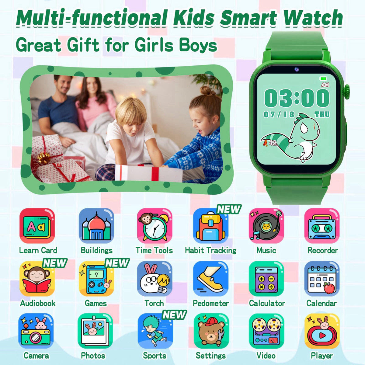 Phyulls Kids Smart Watch with 32 Puzzle Games, Video, HD Camera, Pedometer – close-up detail