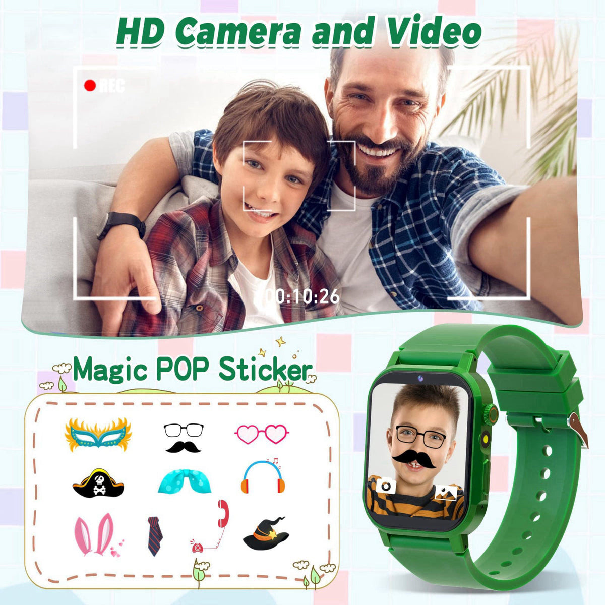 Phyulls Kids Smart Watch with 32 Puzzle Games, Video, HD Camera, Pedometer – full view