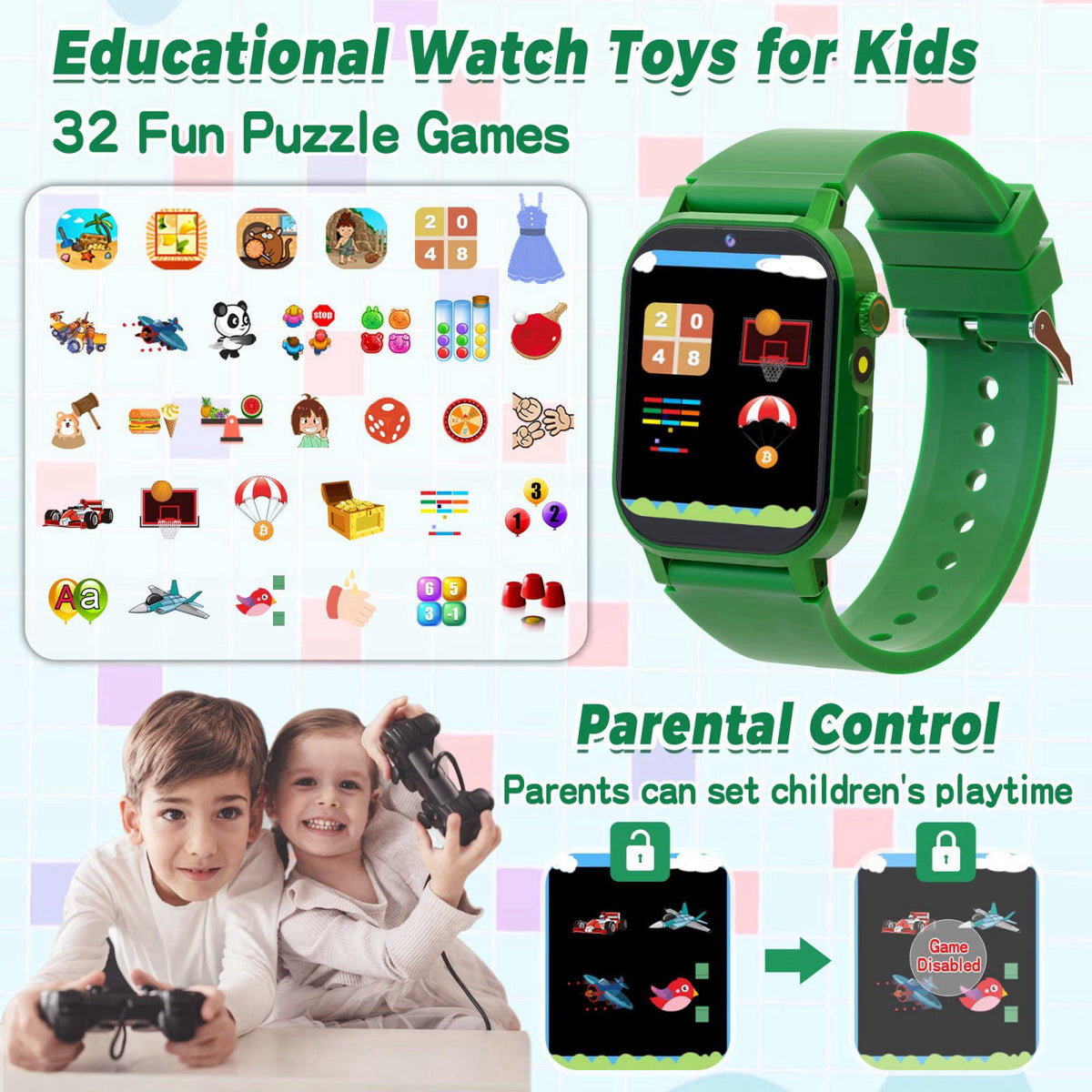 Phyulls Kids Smart Watch with 32 Puzzle Games, Video, HD Camera, Pedometer – back view and specifications