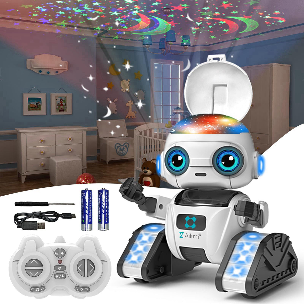 Aikmi Robot Toys for Kids 4-12, RC Robot w/Projector Night Light, Gesture – White, 5.5 inches