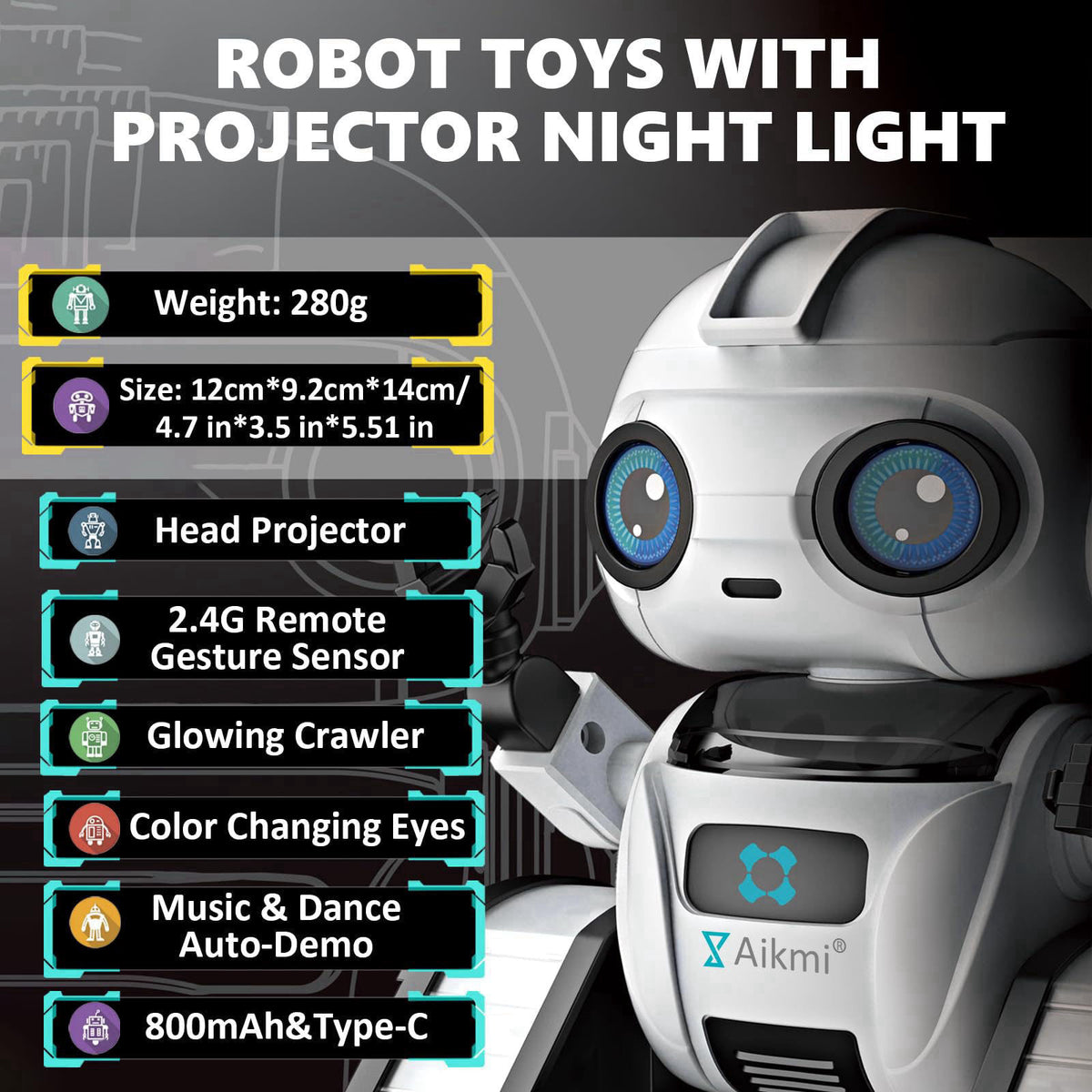 Aikmi Robot Toys for Kids 4-12, RC Robot w/Projector Night Light, Gesture – close-up detail in White